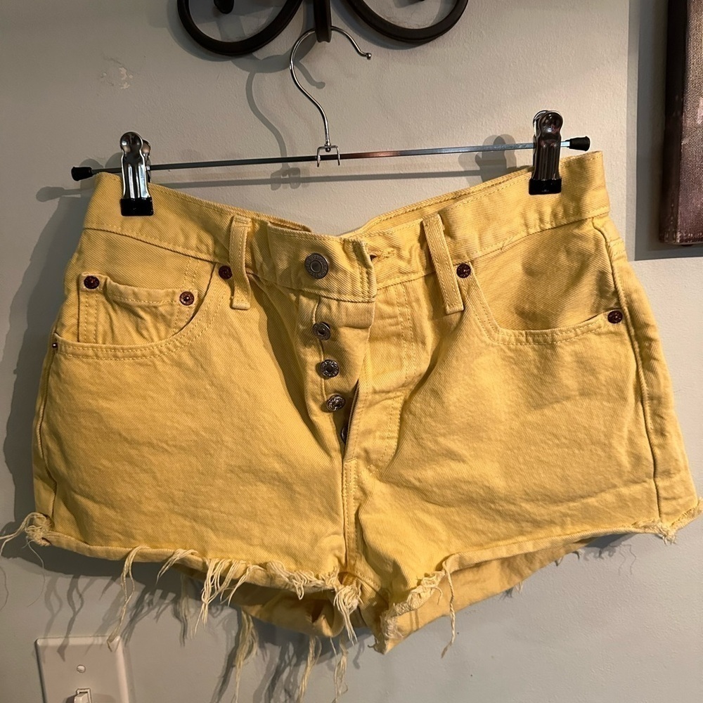 Levi 501 Button Fly Silver Tab Distressed Denim Shorts